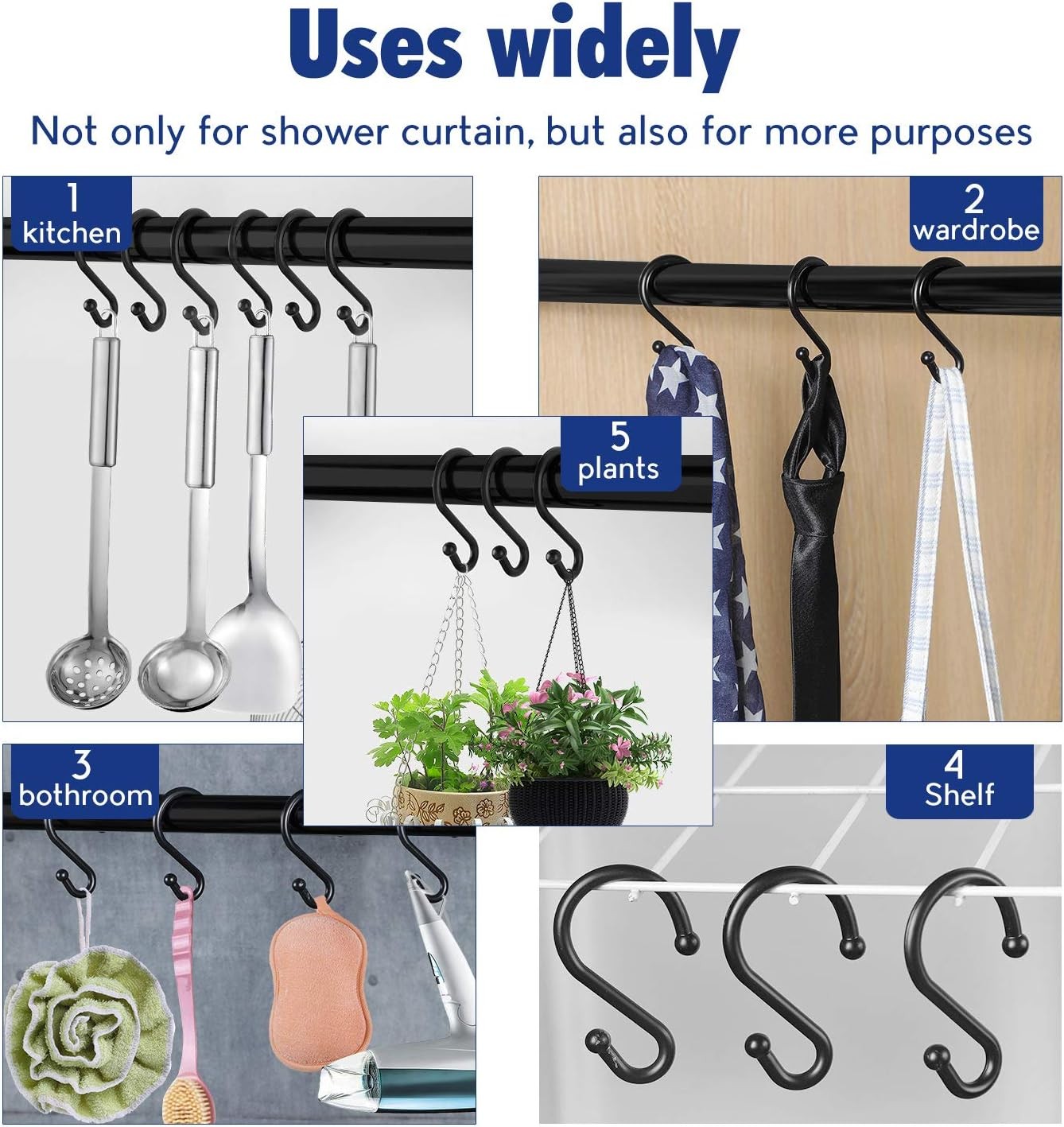 Metal Shower Curtain Hooks，Set of 12 Rings，Rust Resistant S 12PCS, Black