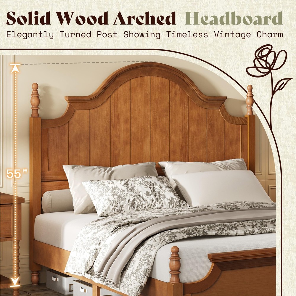 Solid Wood Queen Bed Frame with 56" Arched Headboard, Traditional Poste
