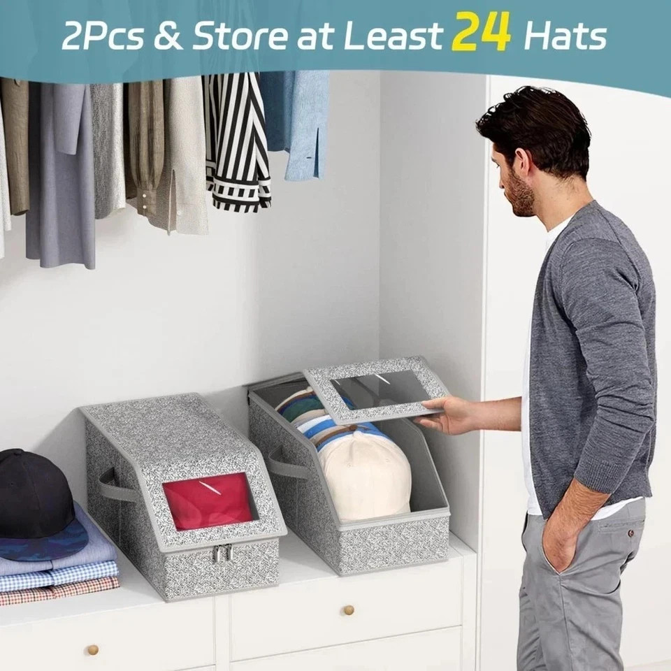 1/2x Stackable Hat Storage Organizer for Baseball Caps 24 Caps Hat Box with Lid