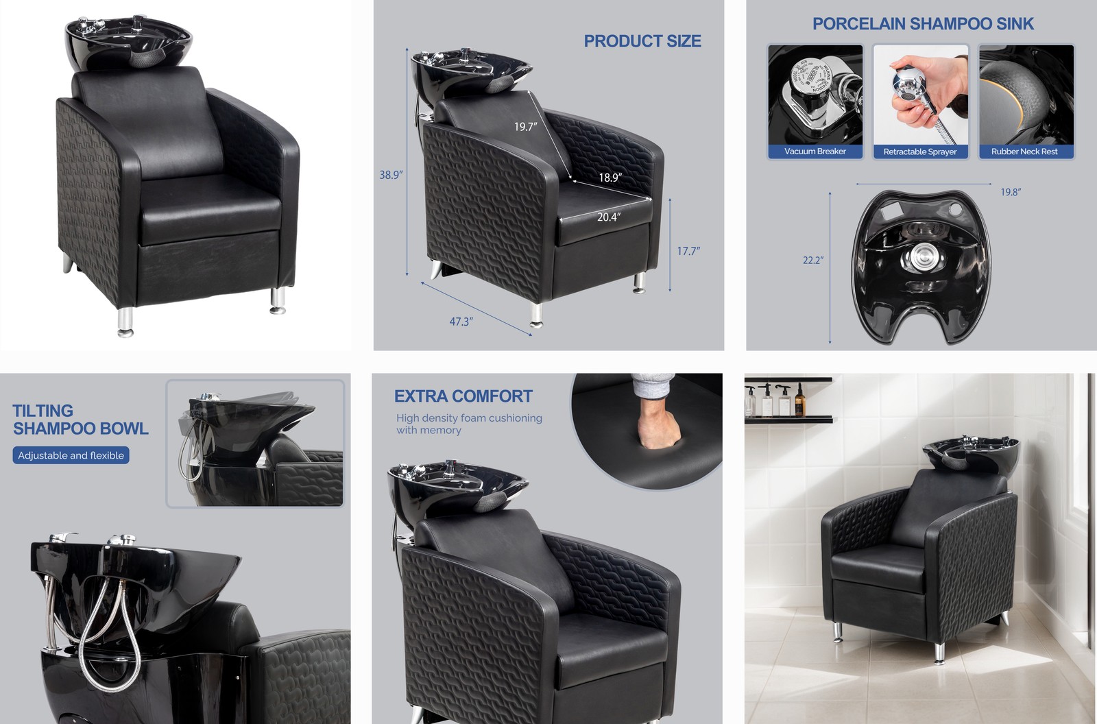 Professional Salon Shampoo Chair and Bowl Set - Extra Wide Seat, Porcelain Sink