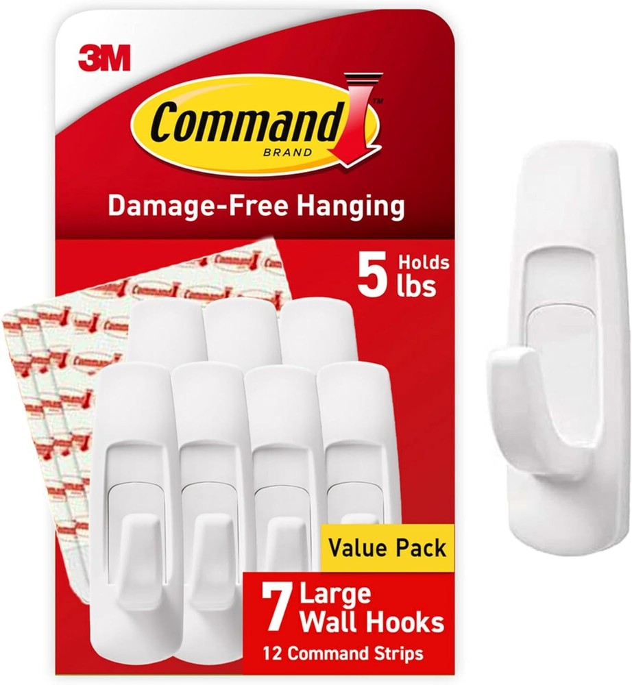 Command 5 lb Large Utility Hooks, 7 Wall Hooks and 12 1 Pack, White