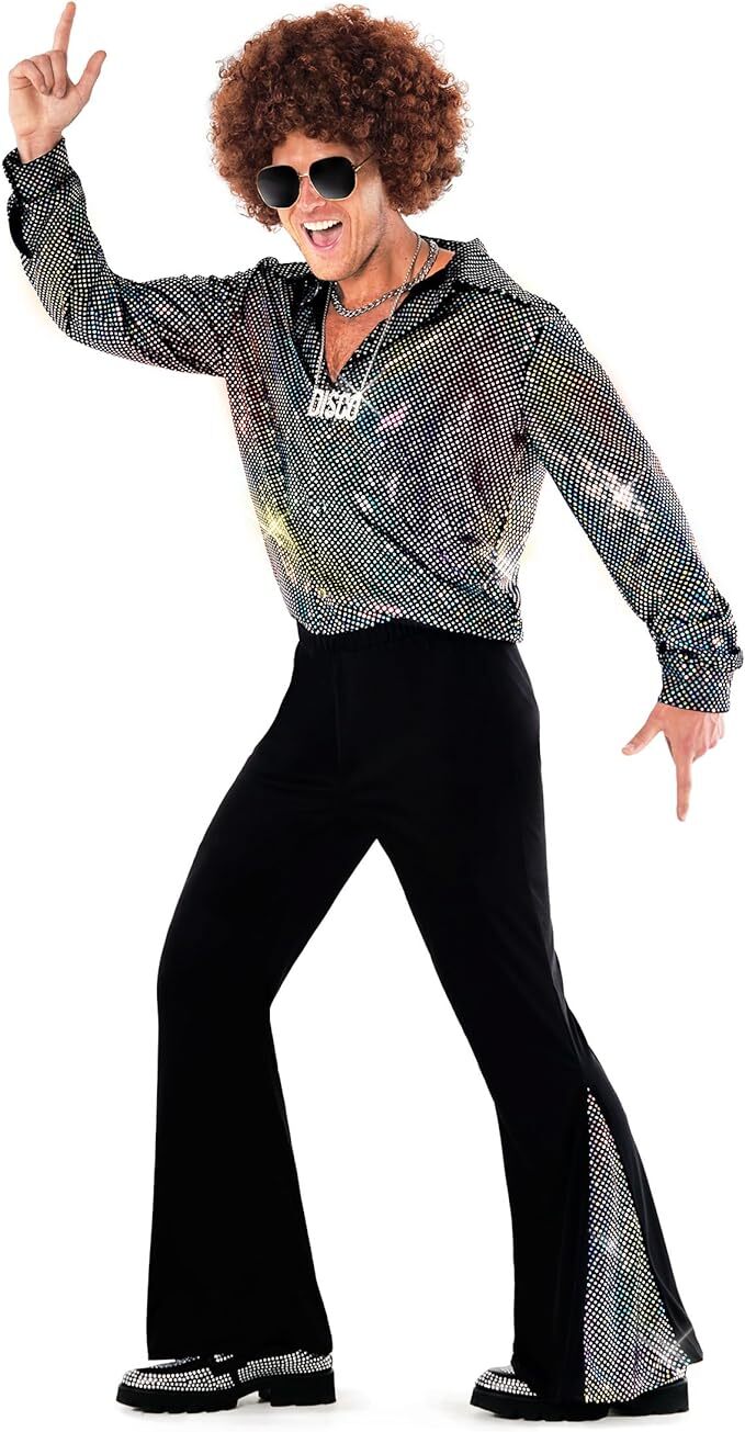 Men`s Disco Dude Costume + Wig Sunglasses Adult 1970s Dance Outfit Flares S-3XL