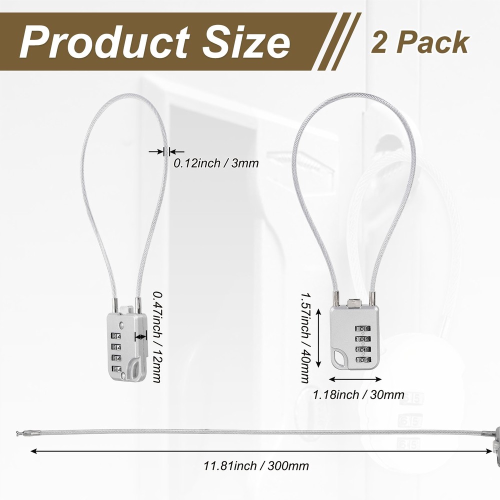 2-Pack Combination Padlock, 4 Digit 12 in Cable Luggage Lock [Silver Grey]