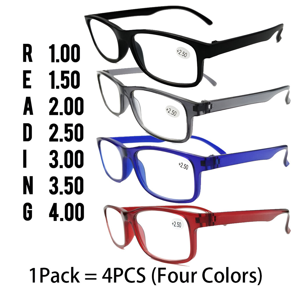 4 Pair Mens Rectangular Blue Light Blocking Reading Glasses Spring Hinge Readers