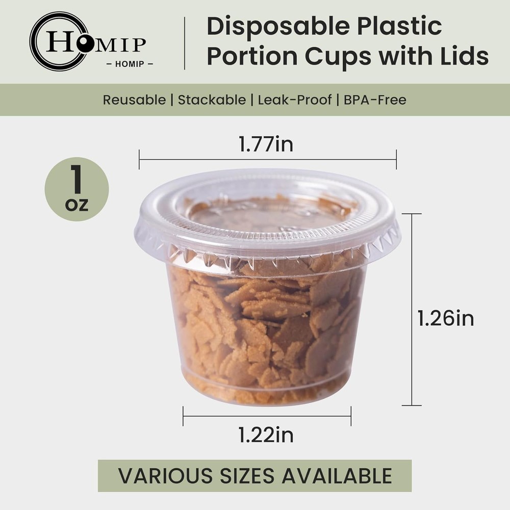 100Pack 1oz Disposable Plastic Portion Cups with Lids, Small Mini Sauce Cups ...