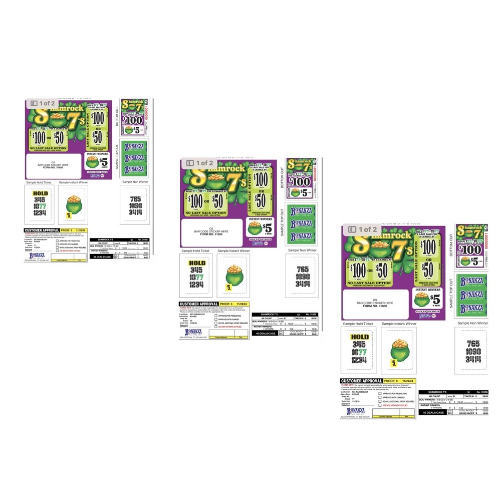 Pull Tab Ticket - Hard Card- Game - 3 Pack Shamrock 7's - 180 ct ea