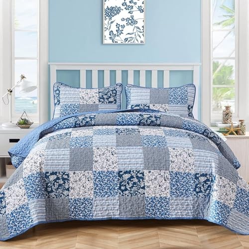 Quilt Set Size, 2 Pieces Plaid Floral Bedspread Set Patchwork Twin Blue