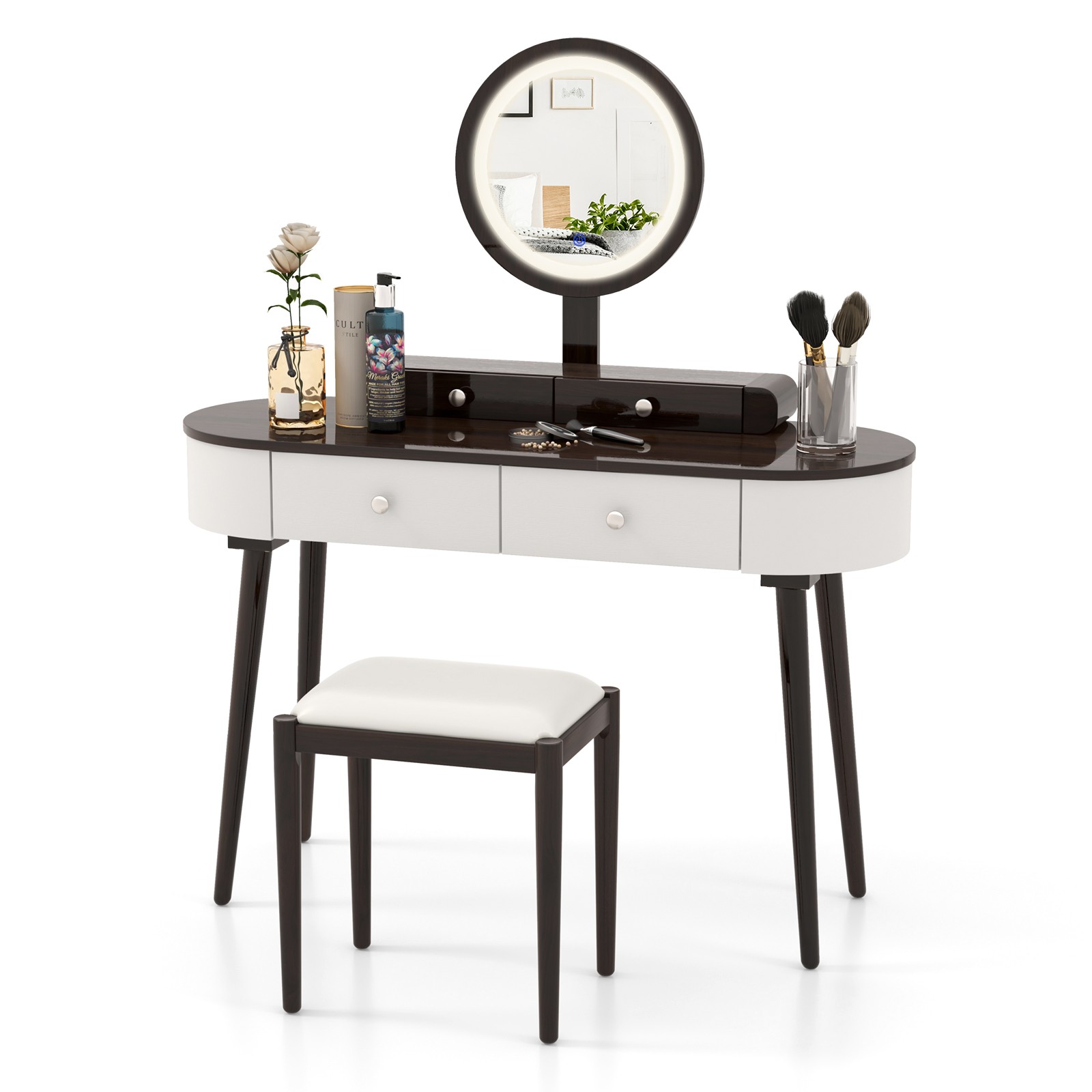 Solid Wood Makeup Vanity Desk Set w/LED Lighted Mirror, Drawers, Cushioned Stool