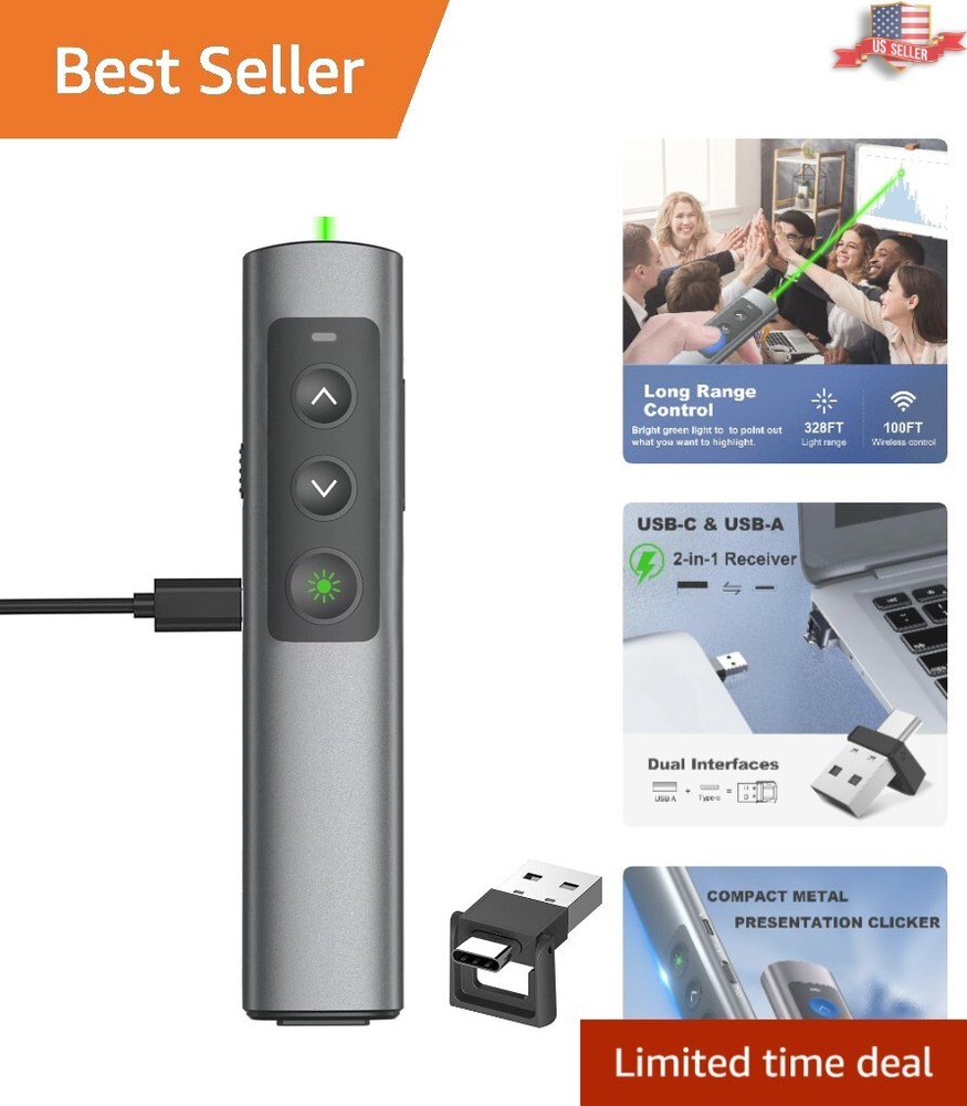 Rechargeable Green Laser Pointer Clicker - USB-A & USB-C Wireless Presenter