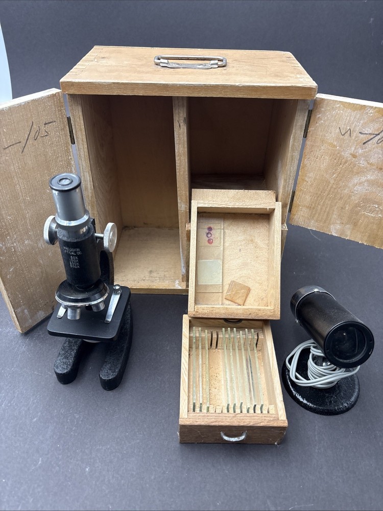 Vintage Precision Optical Co. Microscope Model 500  with CASE +LIGHT + Slides