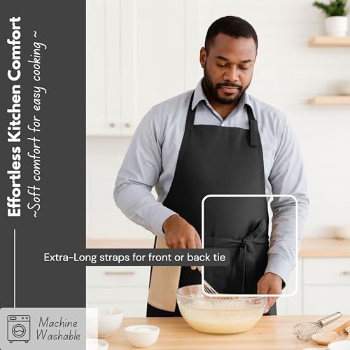 Kitchen Apron 2 Pack - 100% Cotton Adjustable, Durable Apron with Black