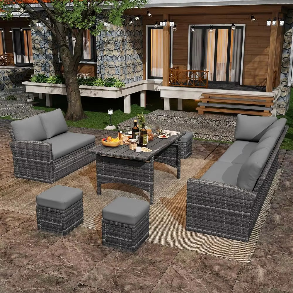 Gray Rattan Patio Furniture Set Sectional Sofa Table Chairs Ottoman Steel Frame