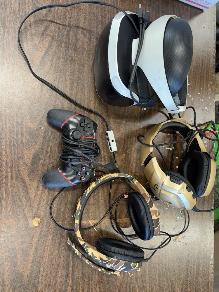 PlayStation VR1 Headset, Controller And 2 Gaming Headsets Untested