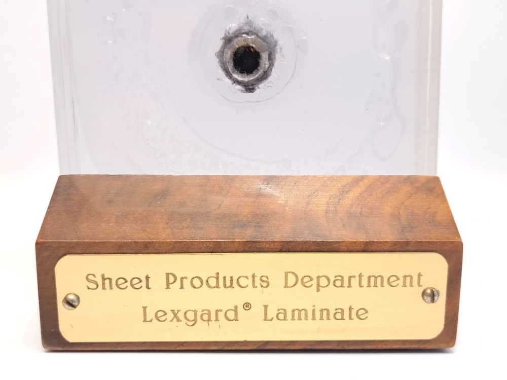 LEXGARD LAMINATE SHEET BULLETPROOF GLASS BALLISTIC TESTING SAMPLE WITH STAND