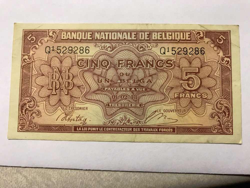 1943 Belgium 5 Francs VF+ #6723