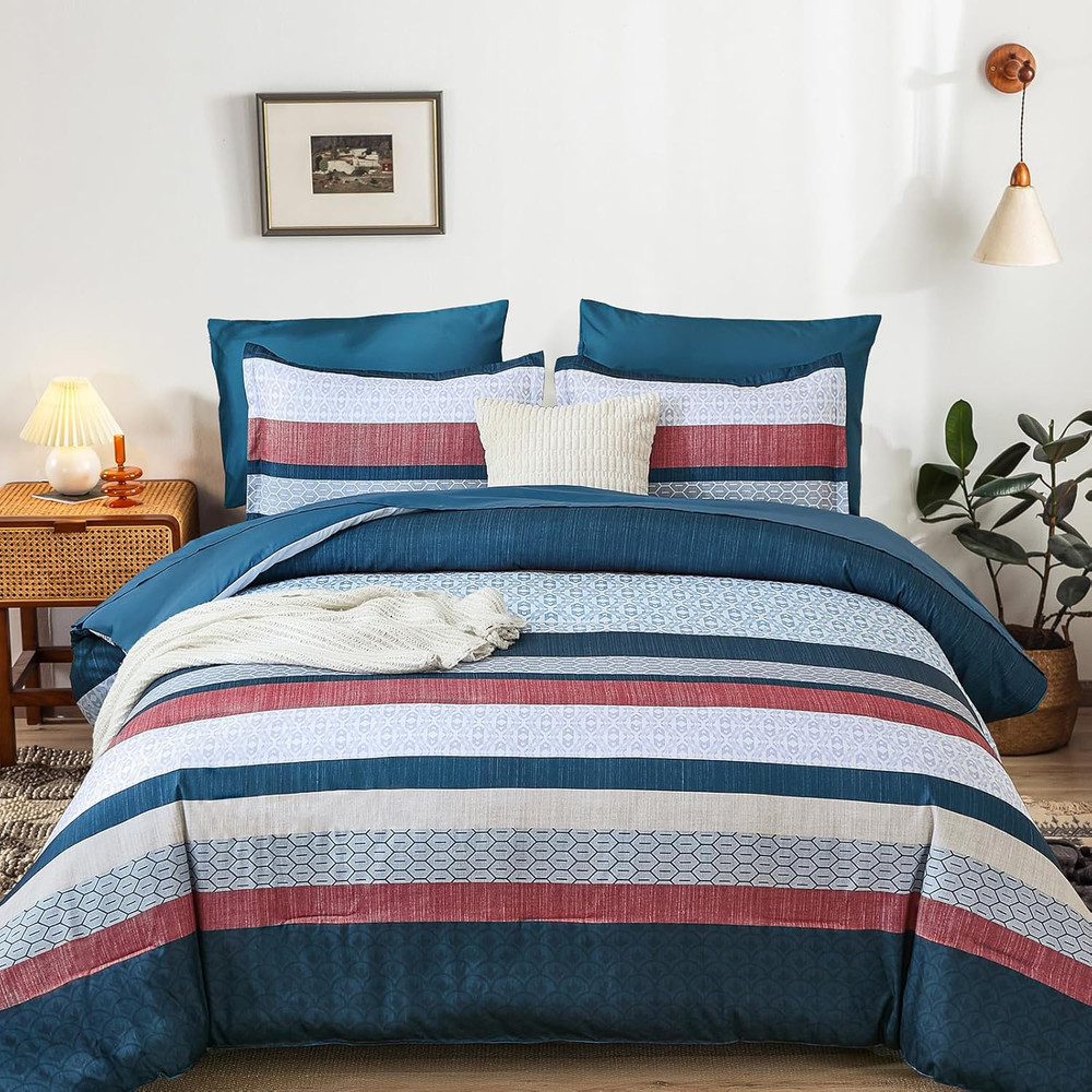 Blue Comforter Set King Size,Boho Striped Bedding Sets Bed in a Bag,7 Pieces Sof