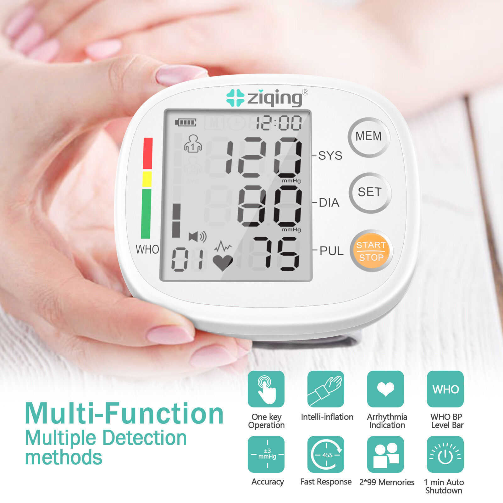 Wrist Blood Pressure Monitor Adjustable BP Cuff Heart Rate Machine Large Screen