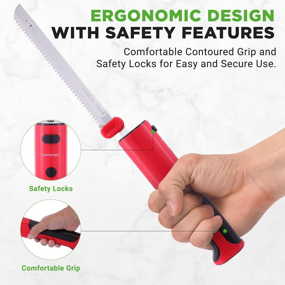 NutriChef Electric Bread Knife-Lightweight w/ Contoured Grip Handle (Red)