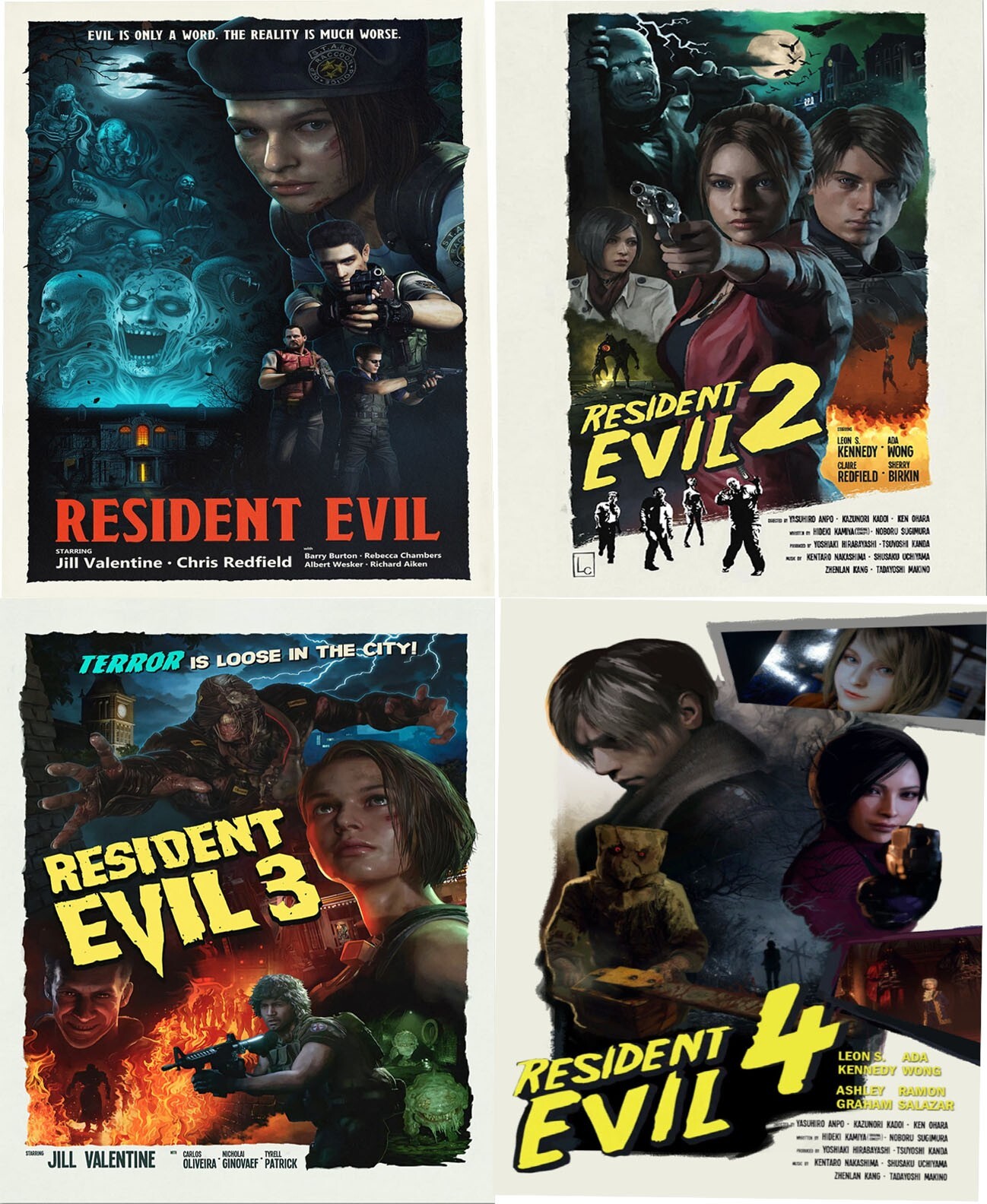 Resident Evil (1,2,3,4) Poster, Retro Movie Poster No Frame