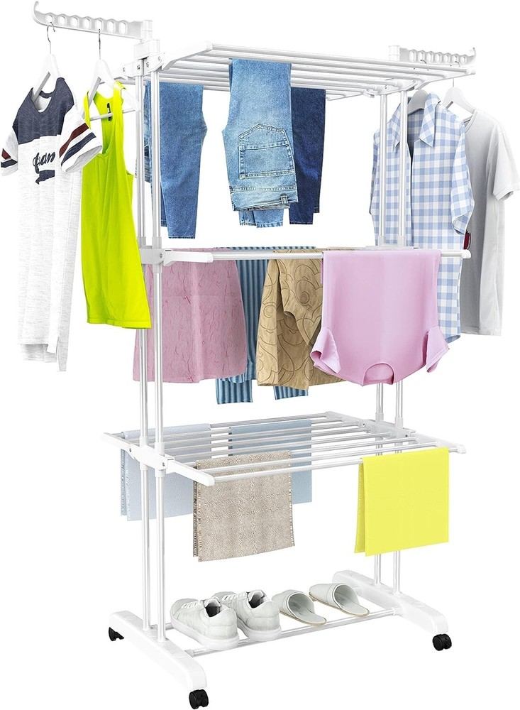 Oversized 4-Tier Foldable Clothes Drying Rack - Stainless Steel - White