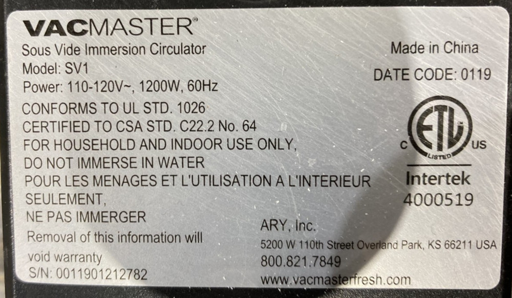 VacMaster SV1 Sous Vide Immersion Calculator