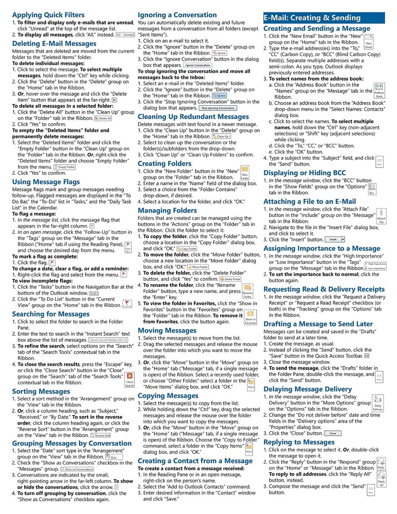 Outlook 2013 Training Guide Quick Reference Card 4 Page Cheat Sheet Instructions