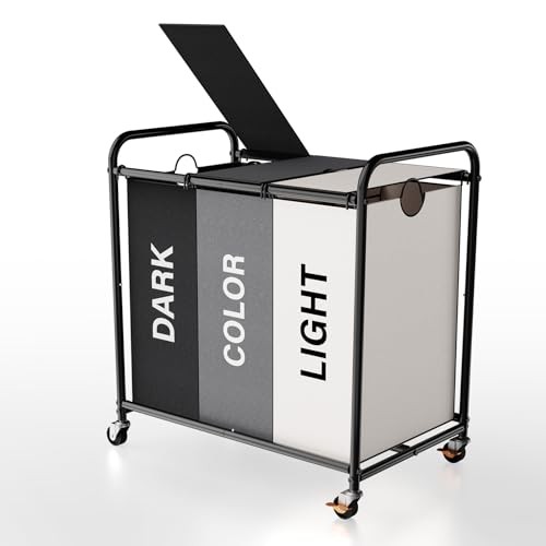 3-Compartment Laundry Cart with Lockable Wheels & Lid 47.55Gal Multicolor-3 Sec