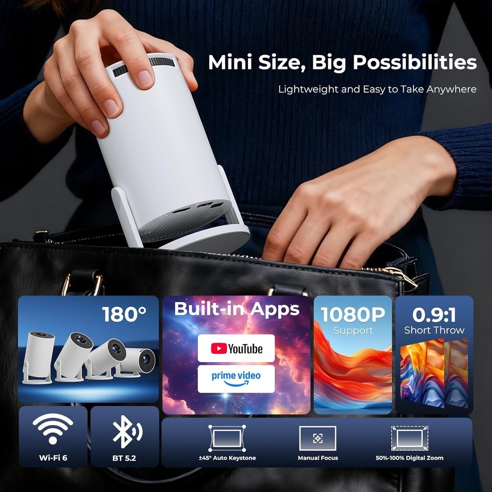 Mini WiFi Bluetooth Projector 1080P Portable 200
