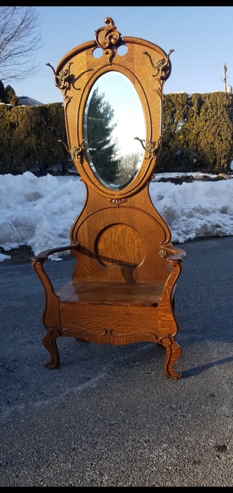 Antique Tiger Oak Hall Tree Seat
