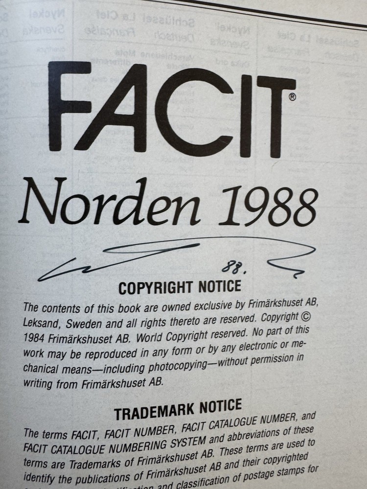 FACIT Norden 1988 Facit Special 1991 Stamp Catalog Lot Tarn Signed
