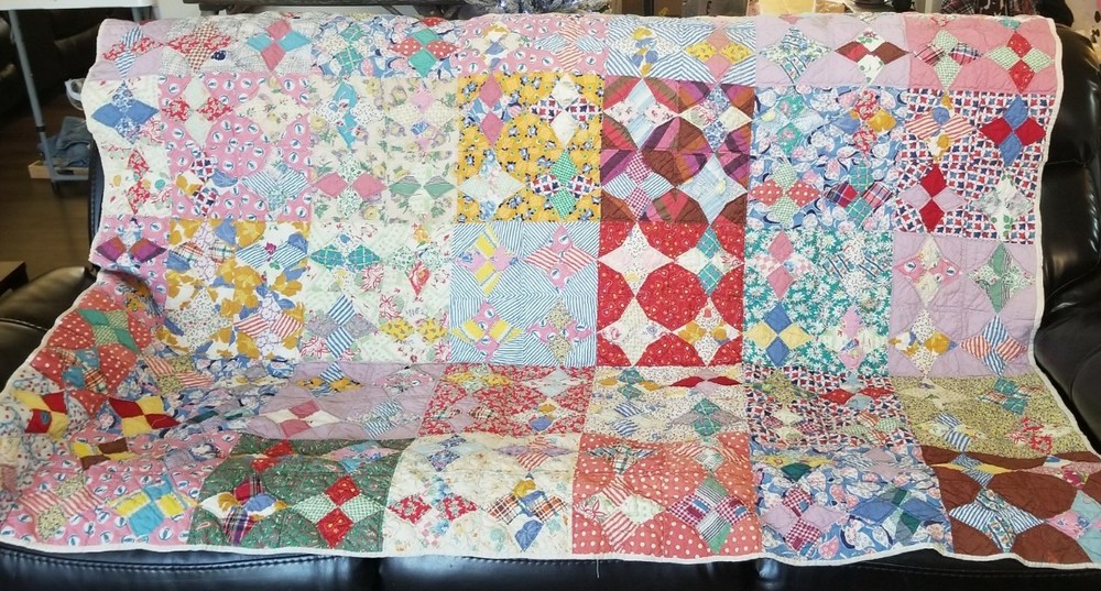 Antique Hand Stitched Patchwork Quilt Feed Flour Sack Colorful