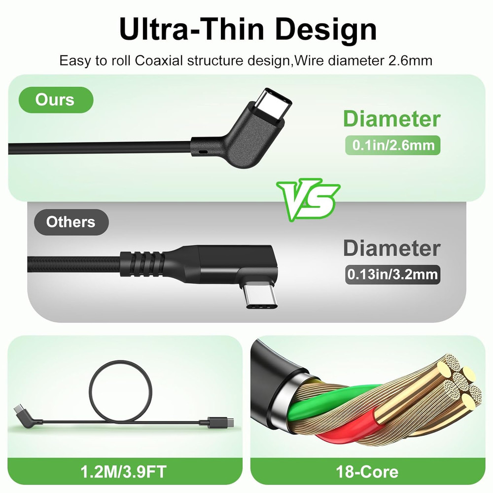 AR Smart Glasses USB-C Charging Data & Power Supply Cable, 1.2M / 3.9FT 20Gbps U