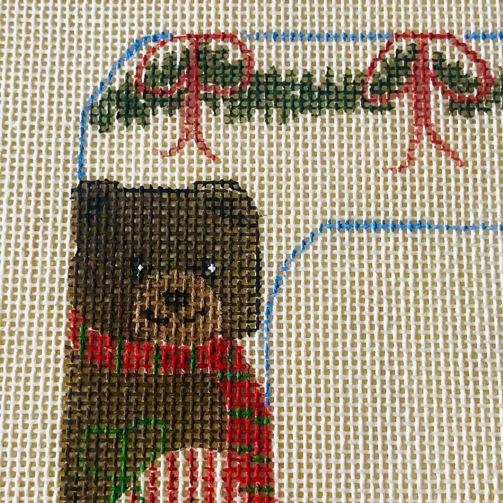 Needlepoint Canvas Painted Initial C Teddy Bear Christmas Candy Cane Red Scarf