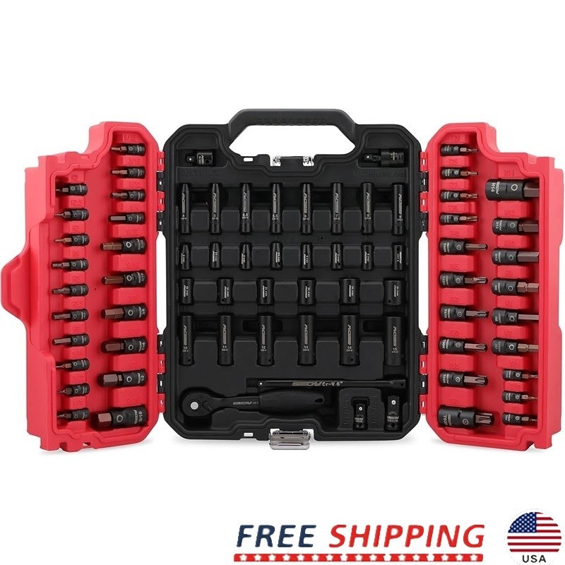 73 Pcs Professional Impact Socket Set Hex Torx Ratchet Case Deep Shallow Sockets