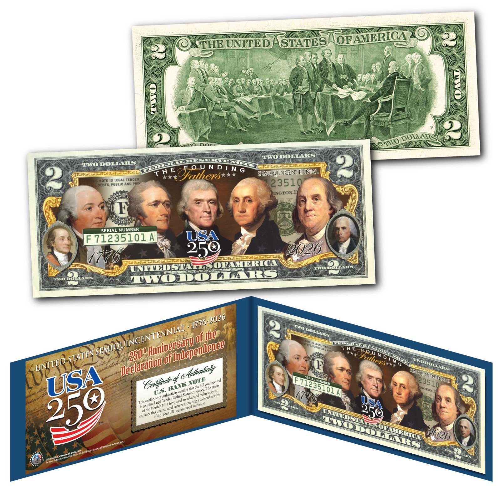 FOUNDING FATHERS of the USA AMERICA 250 Anniversary 1776-2026 Genuine $2 US Bill