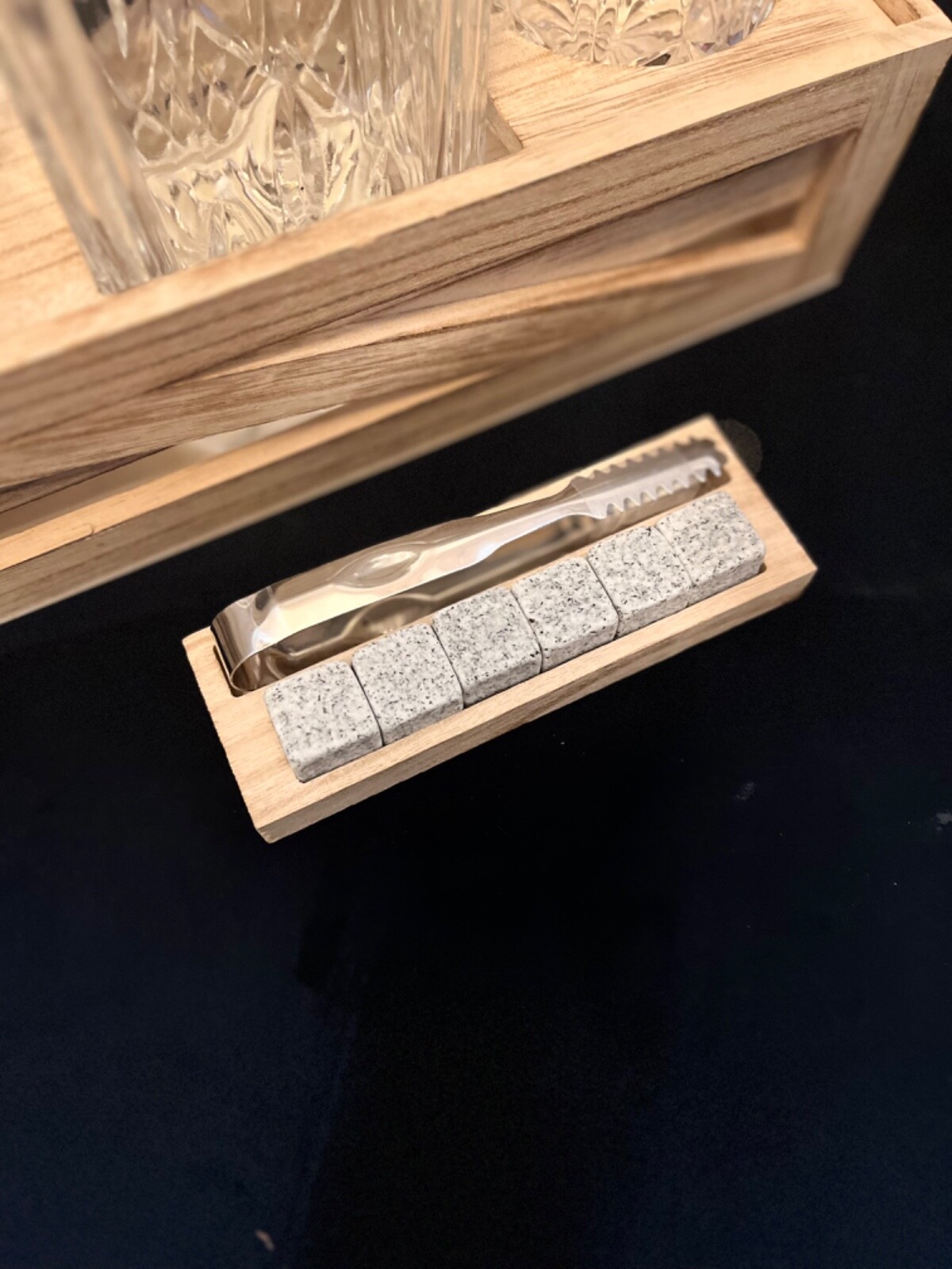 Whiskey Gift Set: Decanter, Wood Stand, Granite Chilling Stones & Two Glasses