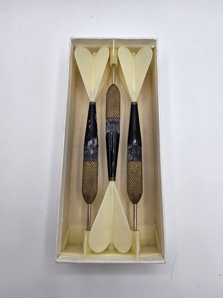 Vintage Dorwin Brass Darts Set - Made In England - Black W/ White Flights
