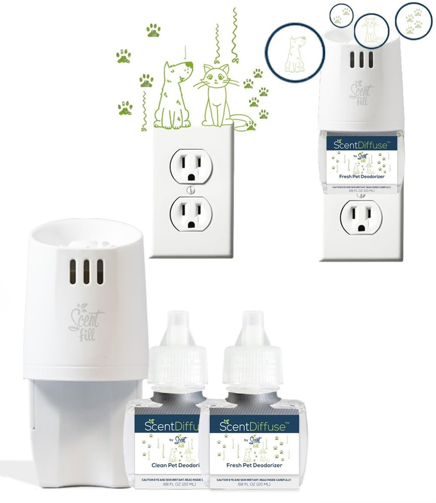 ScentDiffuse Pet Odor Deodorizing Air Freshener Starter Kit, 2 Refills + Diff...