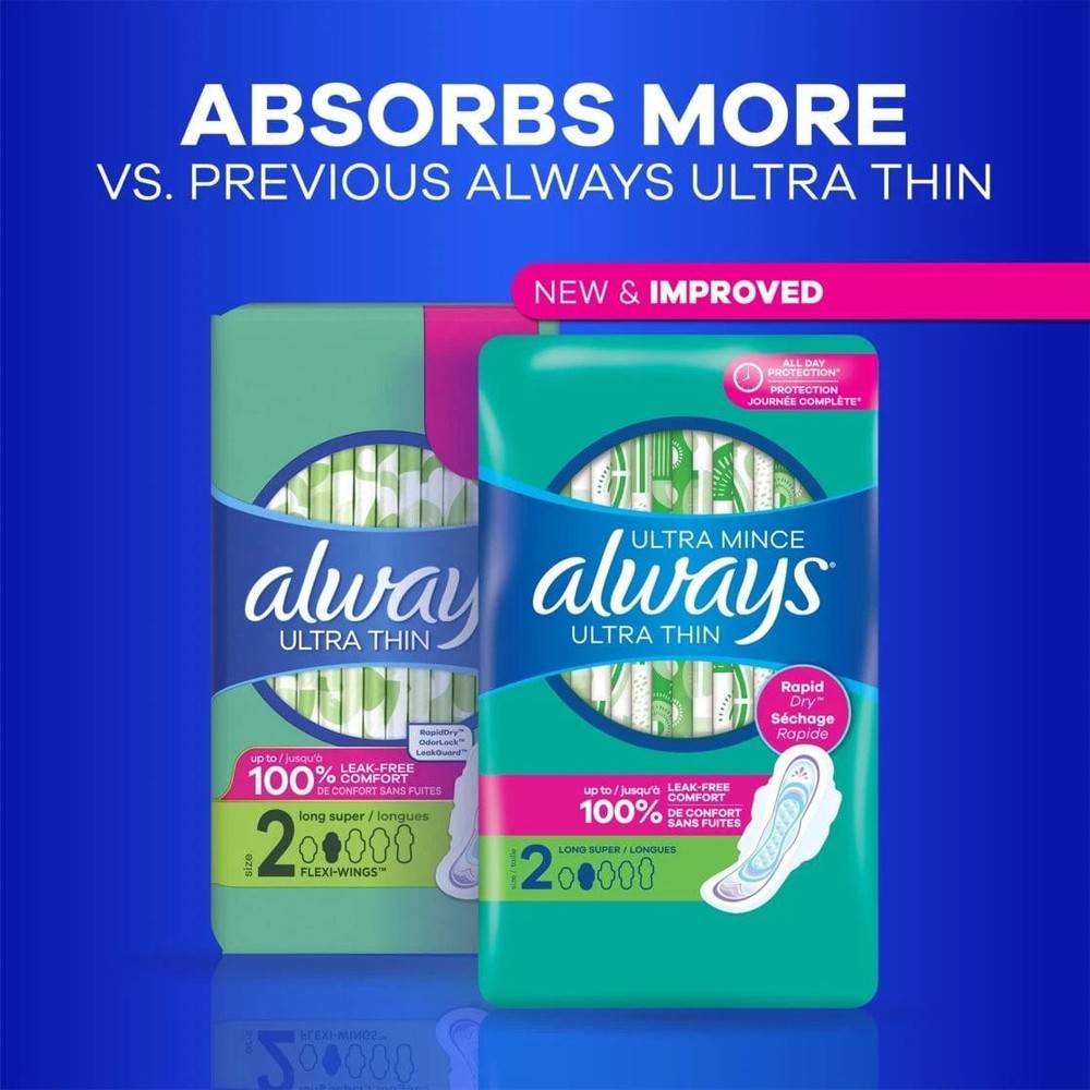 Always Ultra Thin Pads with Wings, Size 1 Regular, 62ct