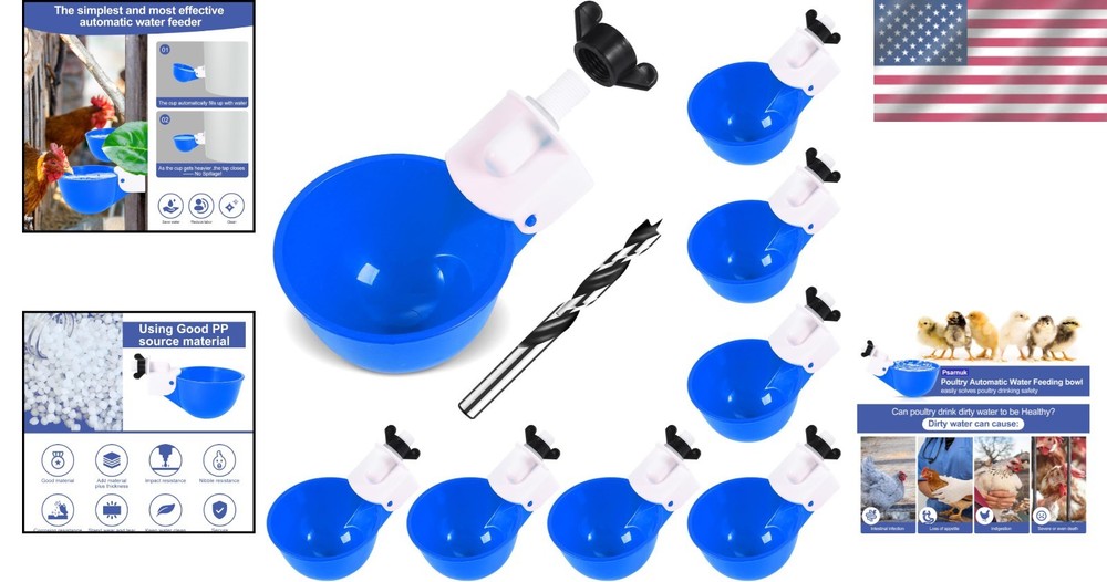 Reliable Automatic Poultry Waterer System - 8 Blue Cups for Consistent Hydration