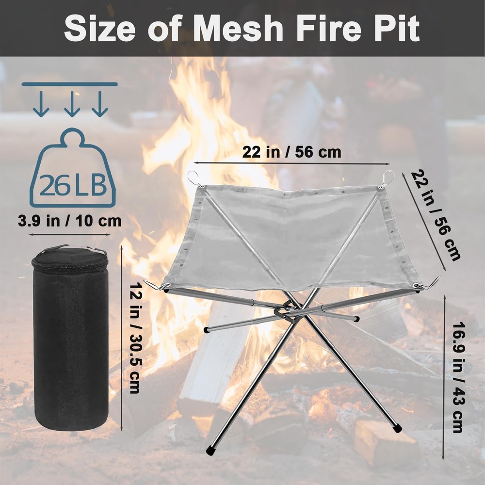 Portable Fire Pit for Camping 22Inch Collapsible Stainless Silver