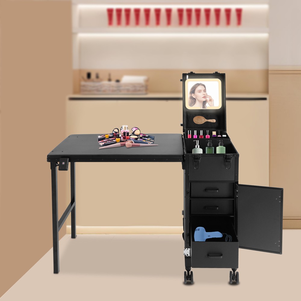 5V 12A Rolling Portable Manicure Table with 3 Drawers Lockable Makeup Case Black
