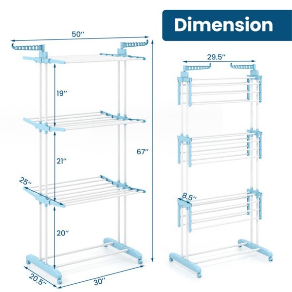 Blue 4-Tier Foldable Clothes Drying Rack with Wheels,