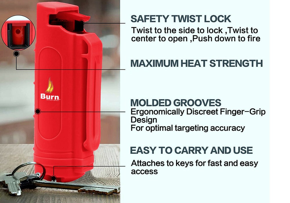 2 BURN Pepper Spray 1/2oz Self Defense Red Security Keychain Case Molded
