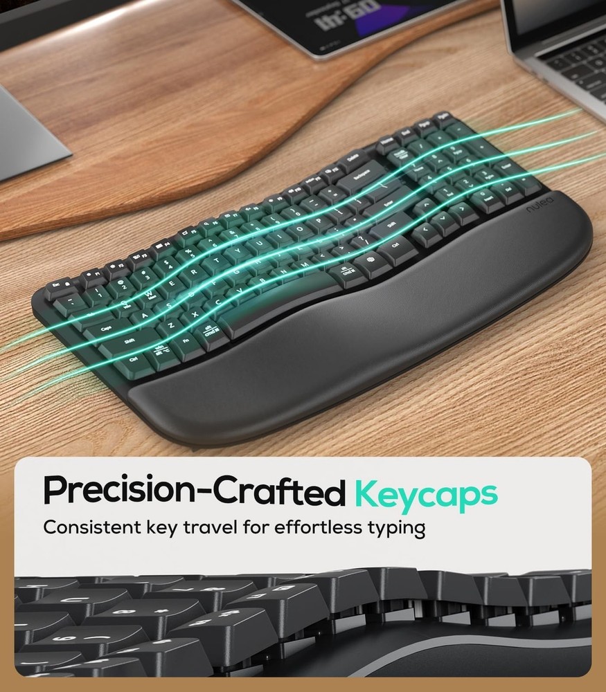 Nulea RT08 Wave Keys Wireless Ergonomic Keyboard with Cushioned Palm Rest, 2....