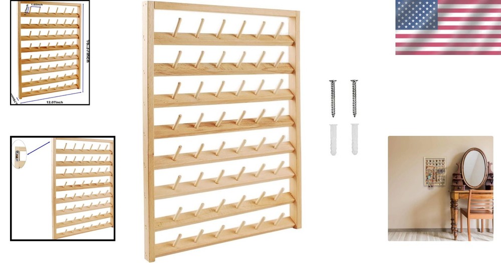 Compact 48-Spool Thread Holder: Wall-Mounted with Convenient Hanging Hooks