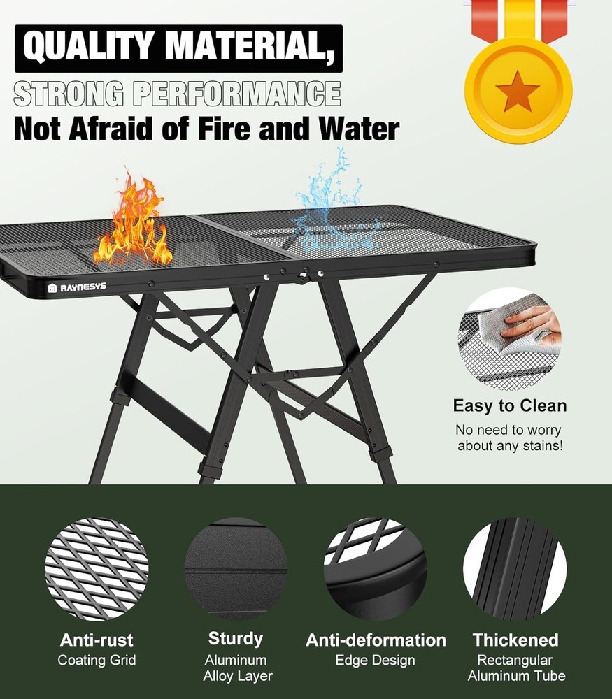 Foldable Grill Table W/ Mesh Desktop 200lbs 3Ft Portable Folding Table Height