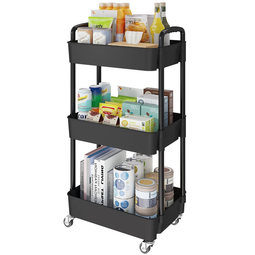 3Tier Utility Rolling Kitchen Storage Cart Organizer Black Lockable Wheels