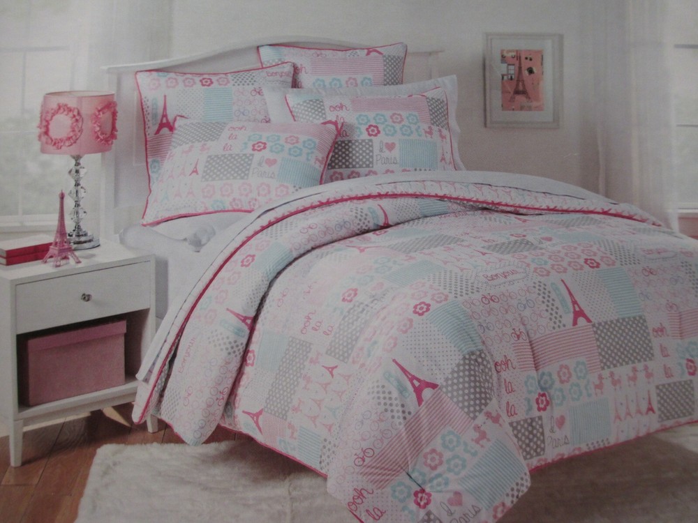 Nicole Miller 3pc Eiffel Tower Bicycle Pink White Comforter Set - Full/Queen