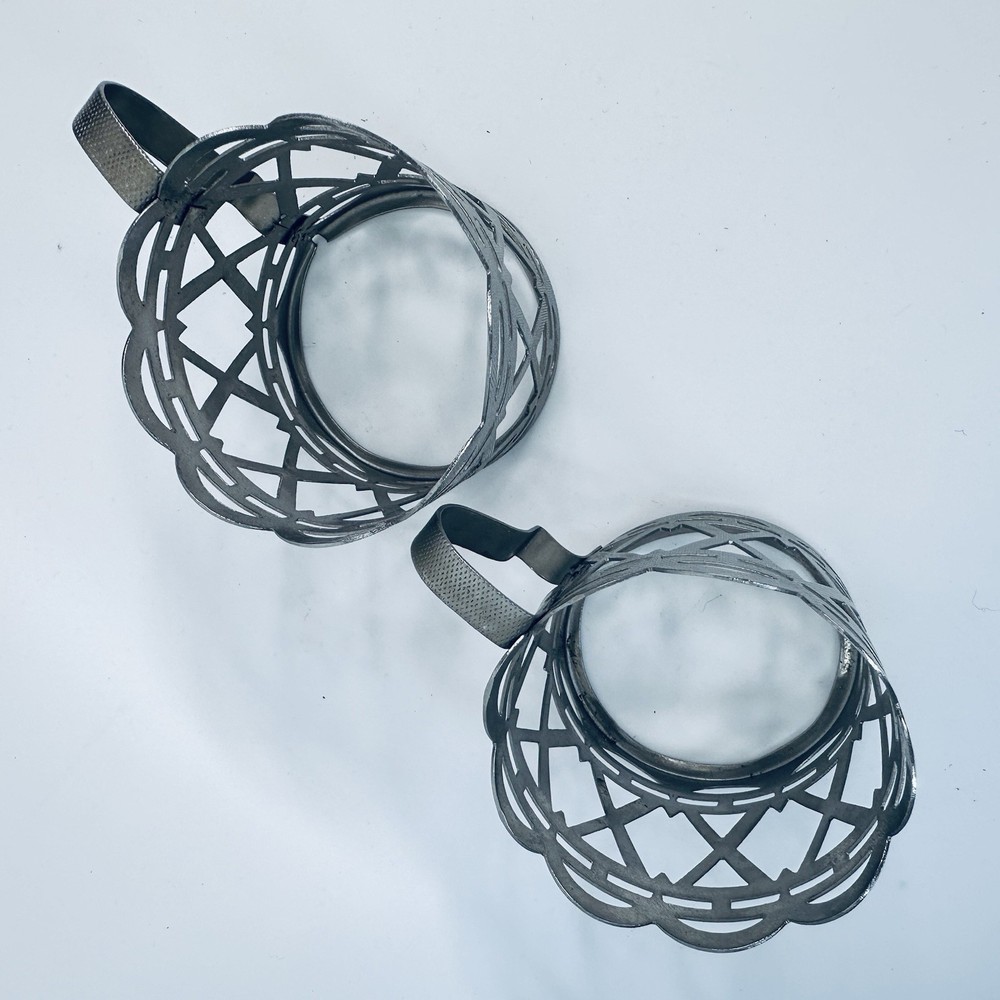 Vintage Pair Podstakannik Tea Glass Holders — Silver-Plated Openwork Cup Holders